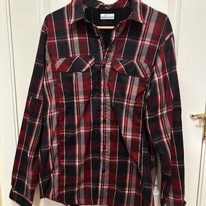 Columbia Red and Black Plaid Casual Button Down Shirt